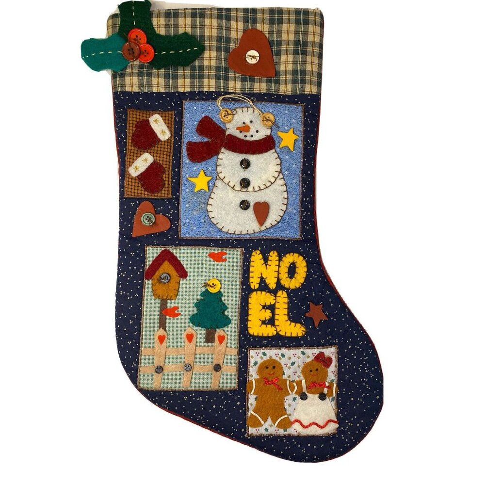 Christmas Stocking Country Farmhouse Snowman Gingerbread Birdhouse Felt Applique